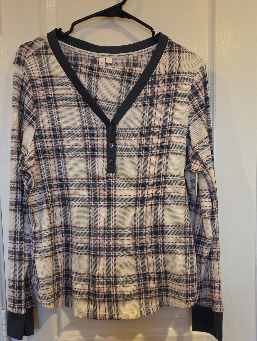 Plaid Long-Sleeve Henley Top in Cream and Black - Joyspun Brand, XL Set W Pants